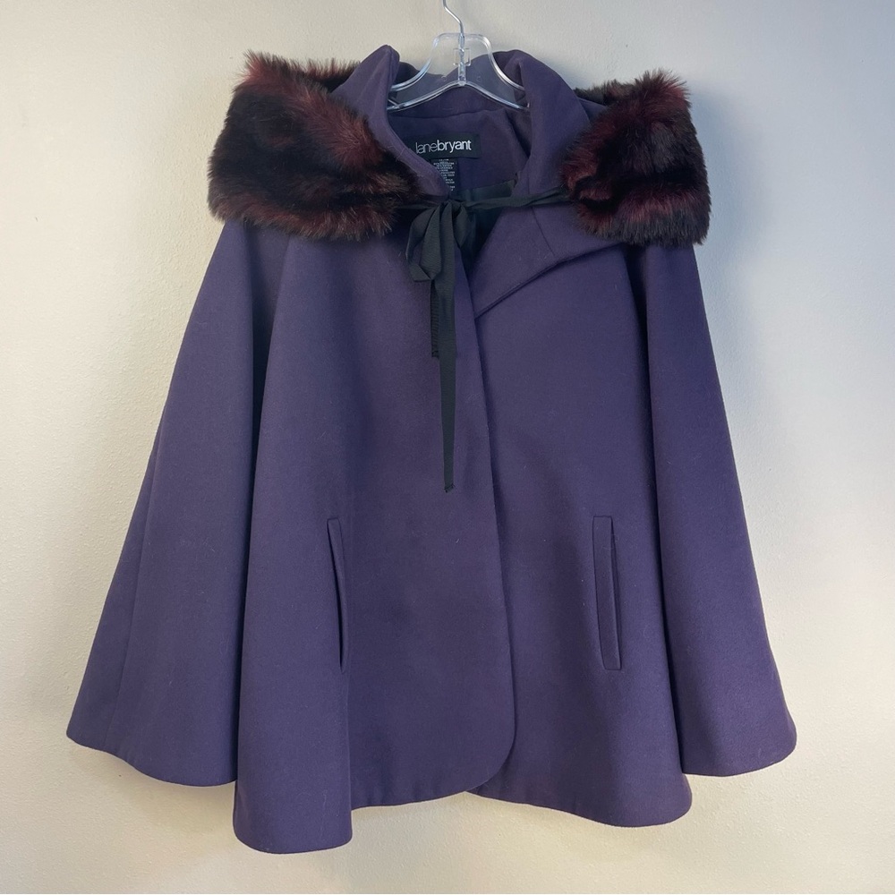 Lane Bryant Retro Purple A-Line Swing Cape Coat Faux Fur Collar Plus Size 14/16